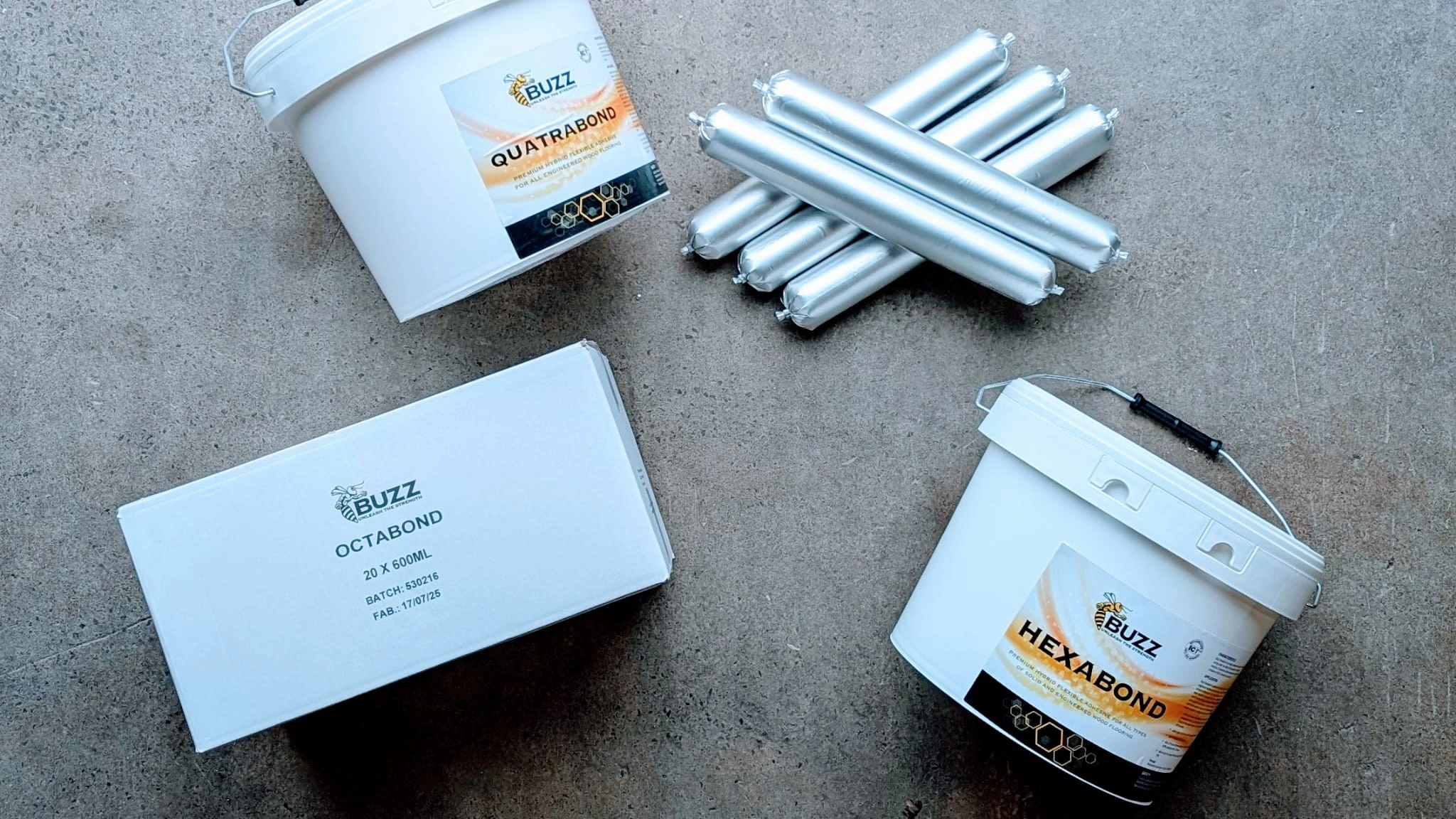Group of Invento Wood Flooring Adhesives, Octabond, Hexabond, Quatrabond, Glue Sausages, Glue Buckets